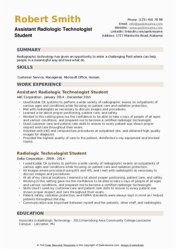 Sample Radiologic Technologist Resume with No Experience Radiologic Technologist Student Resume Samples
