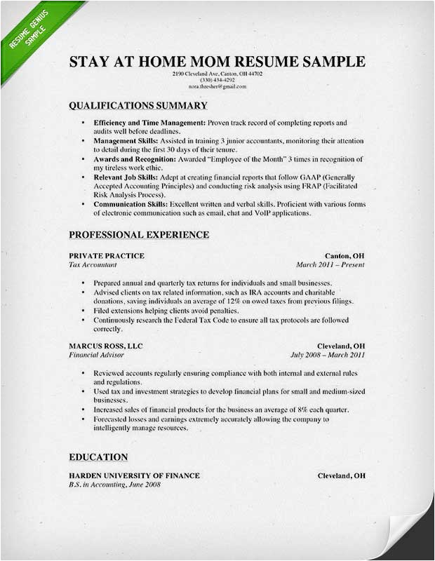 Sample Resume after Stay at Home Mom Example Resume Example Resume after Being A Stay at Home Mom