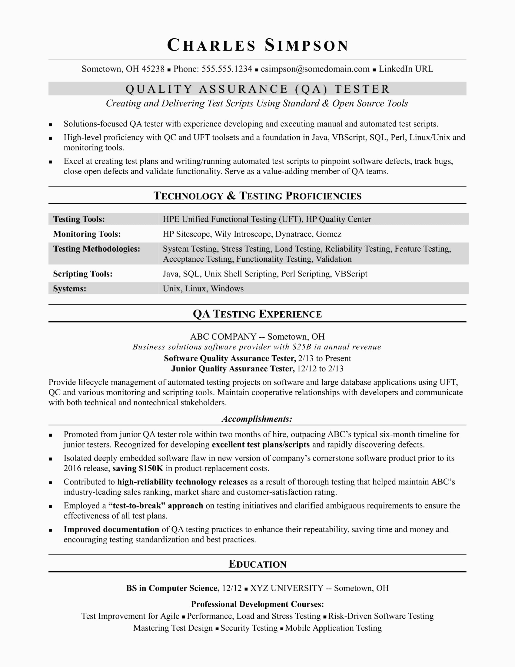 Sample Resume for An Experienced Qa software Tester Sample Resume for A Midlevel Qa software Tester