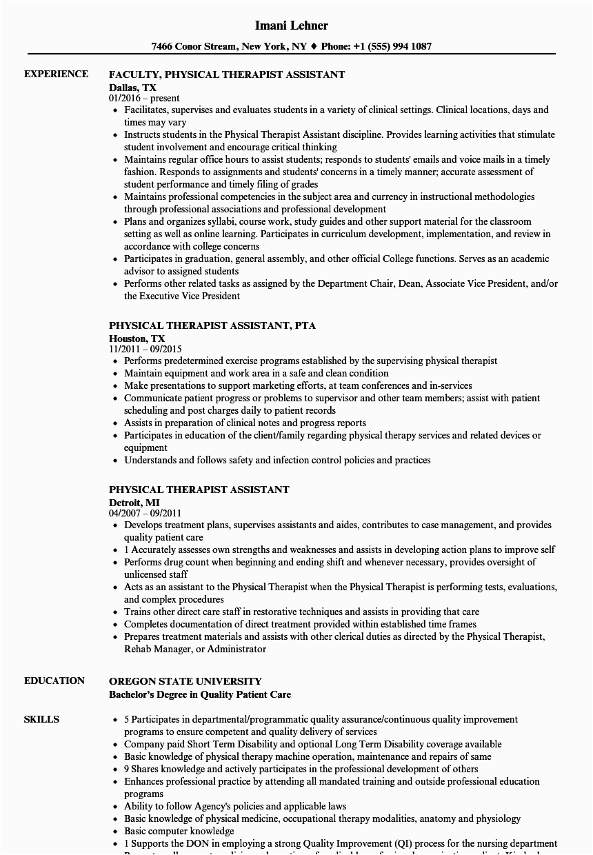 Sample Resume for Applying to Physical therapy School Physical therapist assistant Resume