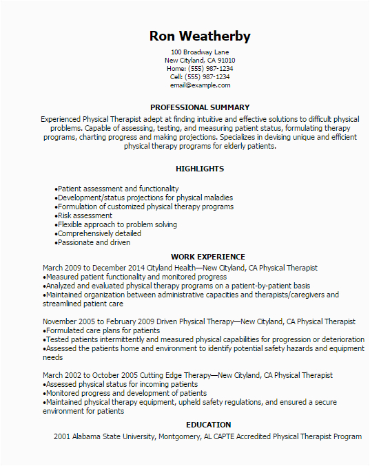 Sample Resume for Applying to Physical therapy School Physical therapists Resume