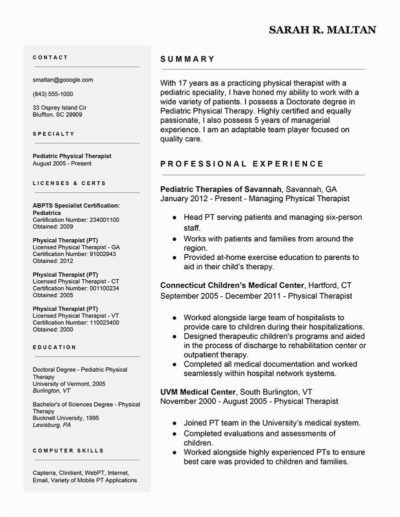 Sample Resume for Applying to Physical therapy School Resume Example