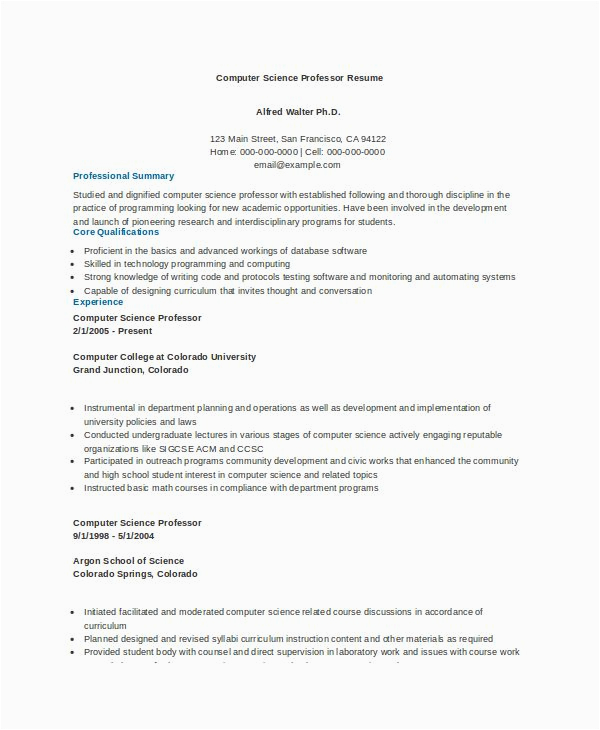 Sample Resume for assistant Professor In Computer Science Doc Puter Science Professor Resume Example
