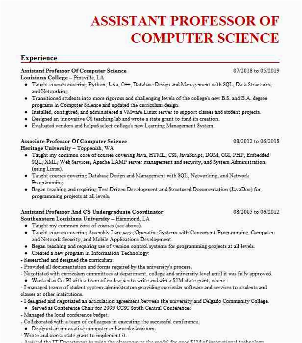 Sample Resume for assistant Professor In Computer Science In India Puter Science Professor Resume Example Pany Name