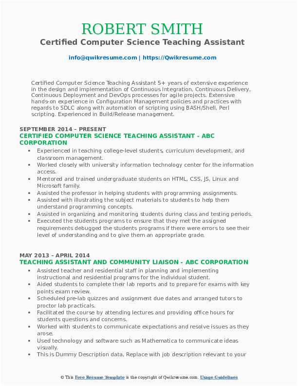Sample Resume for assistant Professor In Computer Science Teaching assistant Resume Samples