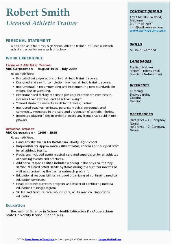 Sample Resume for athletic Trainer Position athletic Trainer Resume Samples