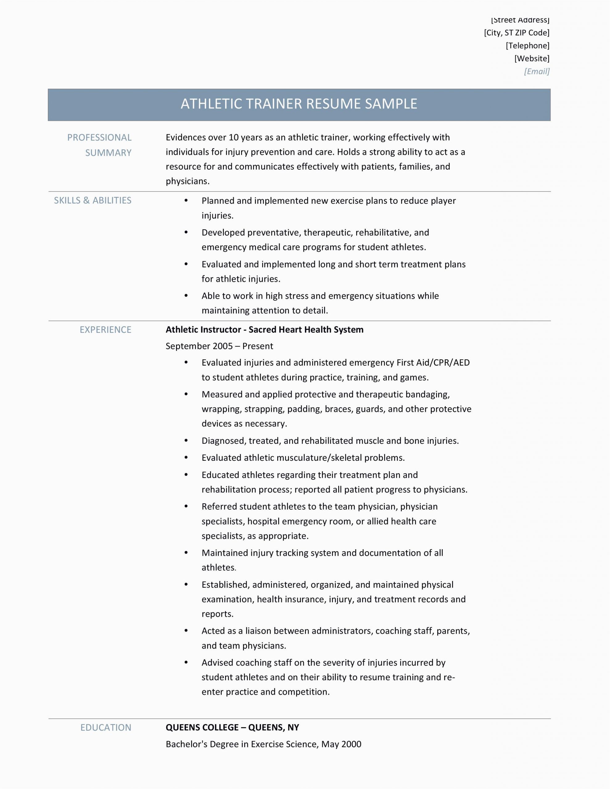 Sample Resume for athletic Trainer Position athletic Trainer Resume Samples Tips and Templates