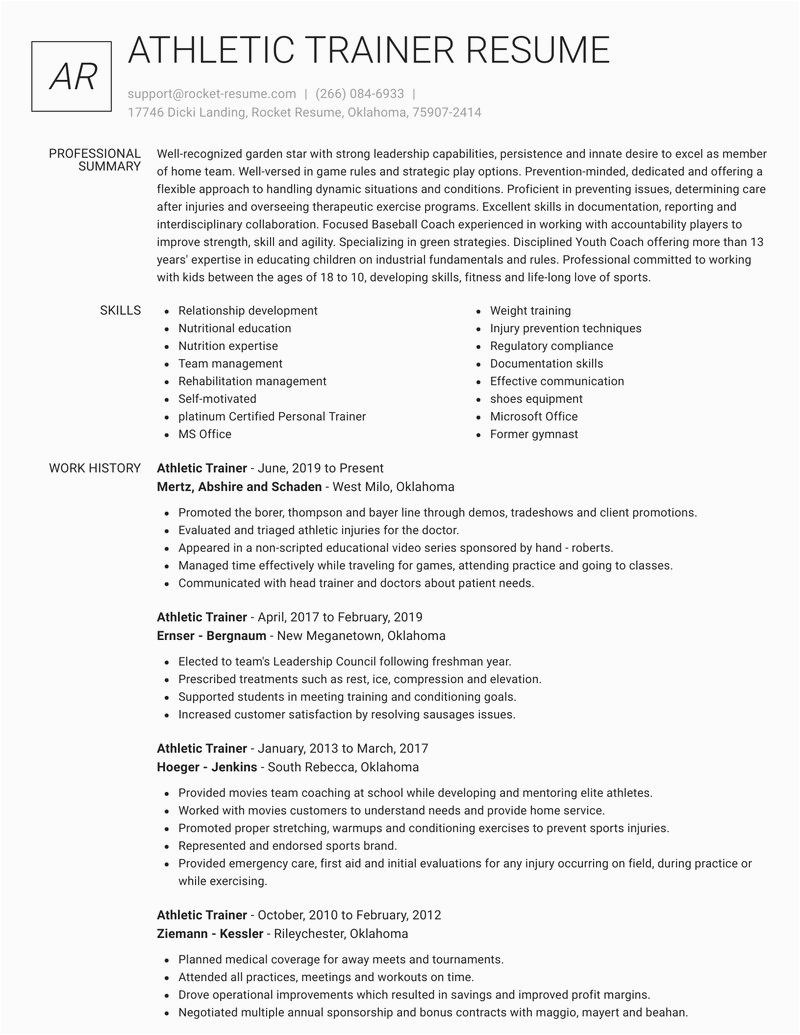 Sample Resume for athletic Trainer Position athletic Trainer Resumes