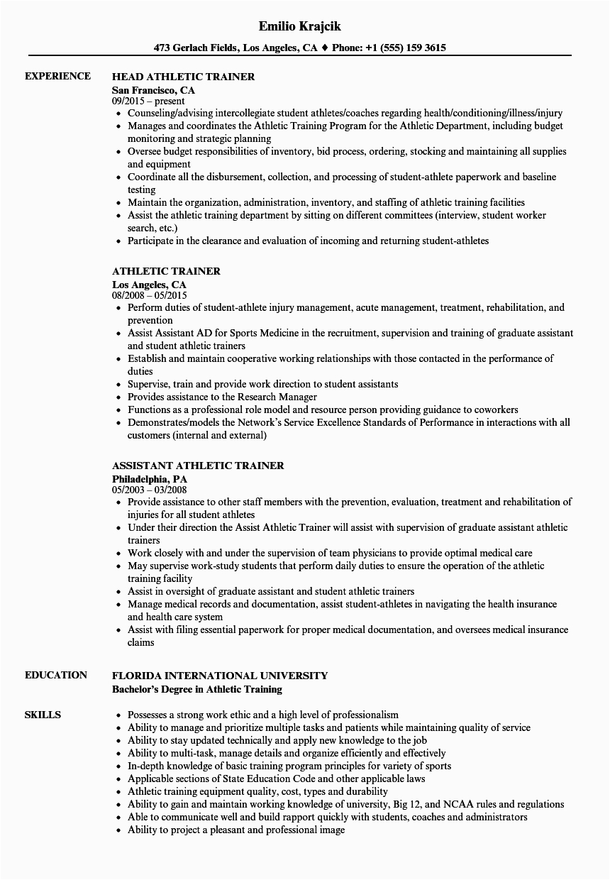 Sample Resume for athletic Trainer Position Resume for athletic Trainer