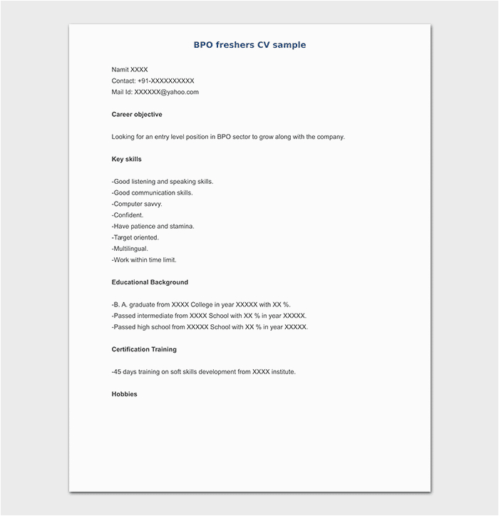 Sample Resume for Bpo Jobs Freshers Bpo Resume Template 15 Samples & formats