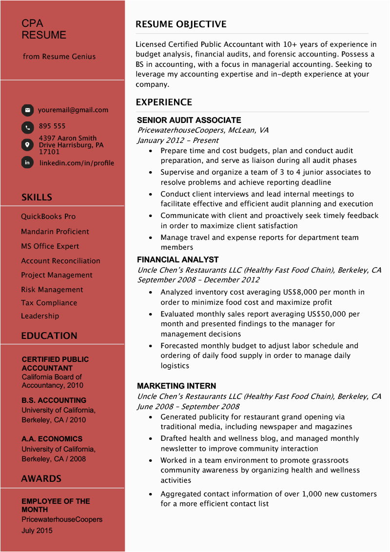 Sample Resume for Cpa Board Passer Certified Public Accountant Cpa Resume Example & Tips