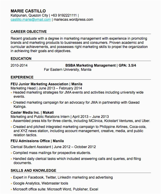 Sample Resume for Cpa Fresh Graduate Philippines Resume Sample for Fresh Graduate In the Philippines