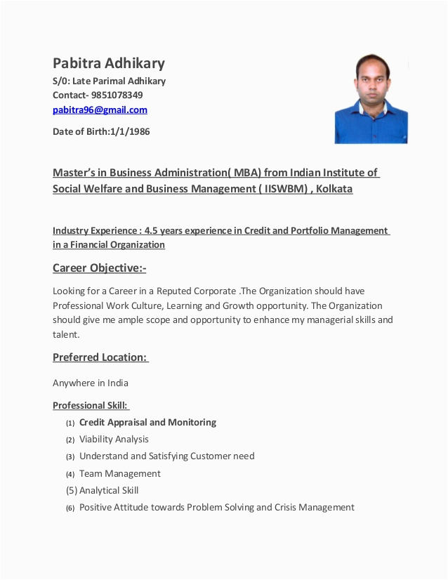 Sample Resume for Credit Manager In India Pabitra Adhikary Resume Credit Manager
