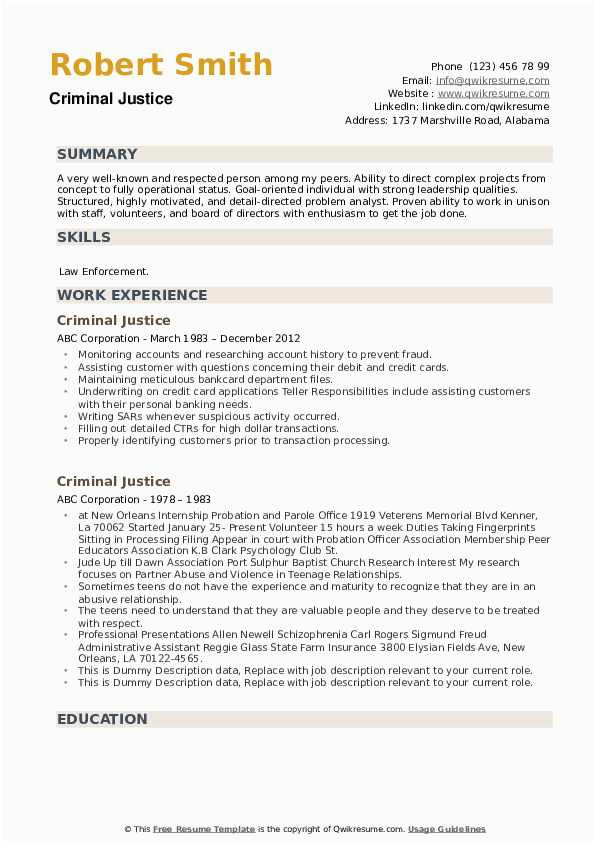 Sample Resume for Criminal Justice Student Criminal Justice Resume Templates Resume Sample