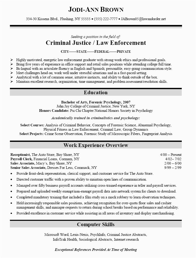 Sample Resume for Criminal Justice Student Resume Sample for Criminal Justice Law Enforcement Graduate