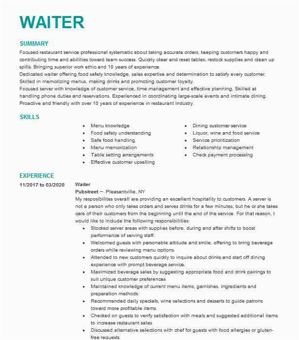 Sample Resume for Cruise Ship Waiter Waiter Resume Example Royal Caribbean Cruise Line