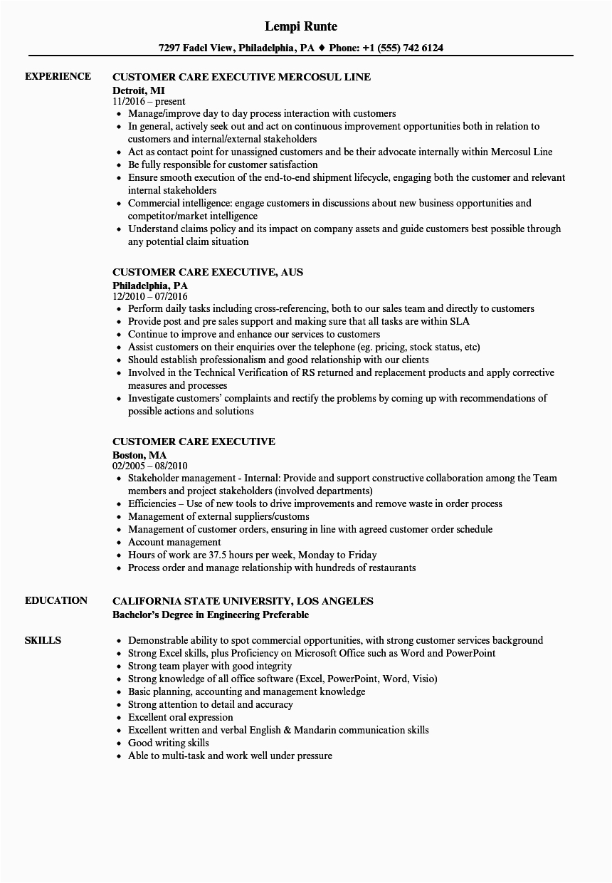 Sample Resume for Customer Care Executive In Bpo Customer Care Executive Resume Samples