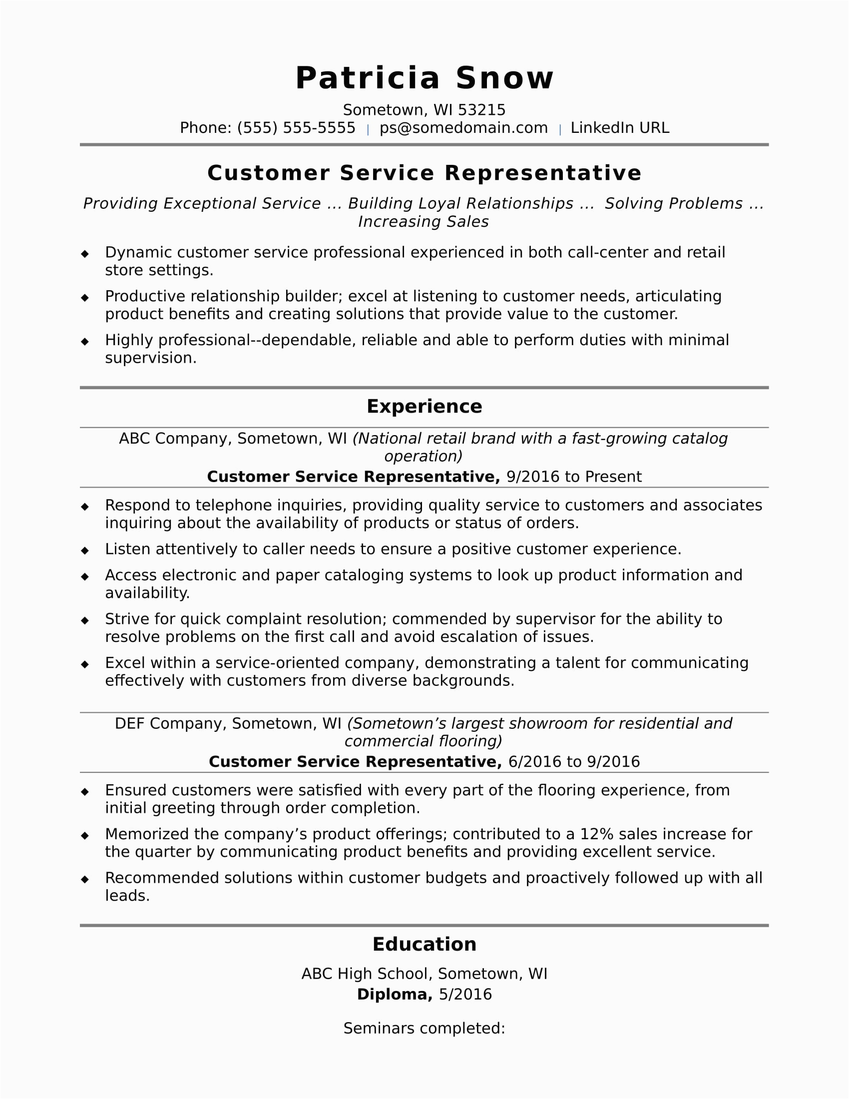 Sample Resume for Customer Care Representative Customer Service Representative Resume Sample