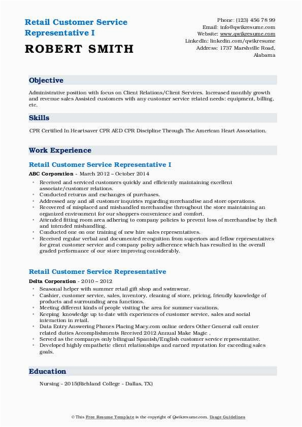 Sample Resume for Customer Service Representative In Retail Retail Customer Service Representative Resume Samples
