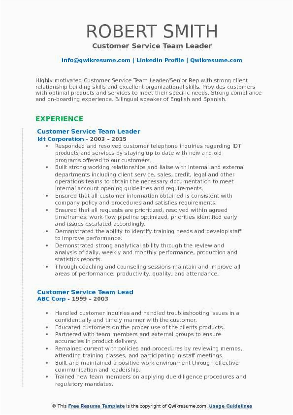 Sample Resume for Customer Service Team Leader Customer Service Team Lead Resume Samples