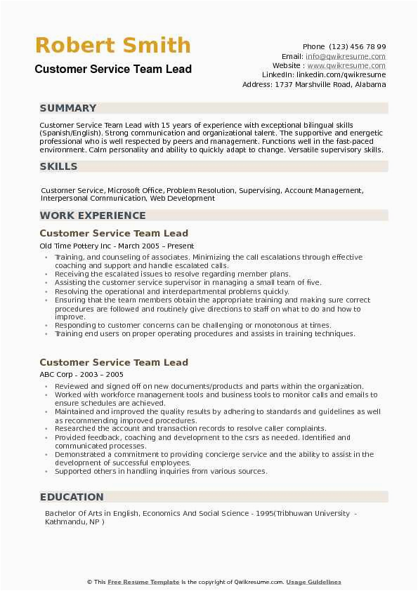 Sample Resume for Customer Service Team Leader Customer Service Team Lead Resume Samples