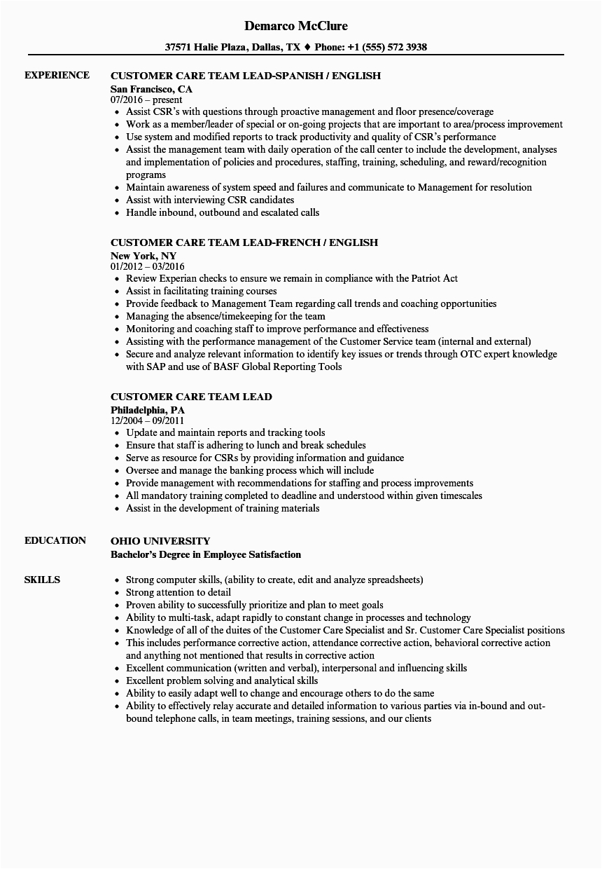 Sample Resume for Customer Service Team Leader Customer Service Team Leader Job Description for Resume