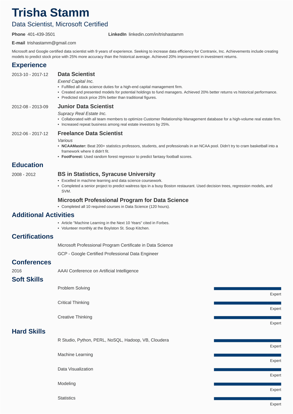 Sample Resume for Data Scientist Fresher Resume Data Scientist Fresher