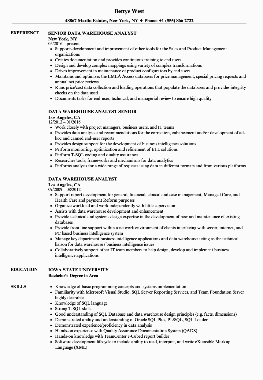 Sample Resume for Data Warehouse Analyst Data Warehouse Analyst Resume Samples