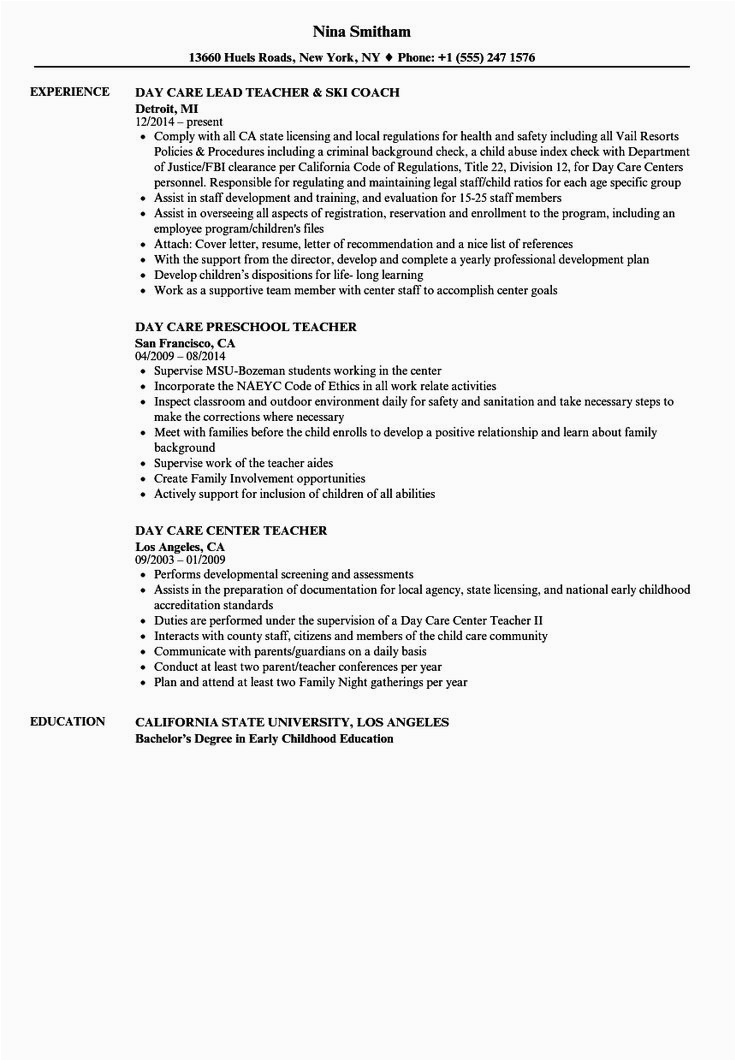 Sample Resume for Daycare assistant Teacher 20 Daycare Teacher assistant Resume In 2020