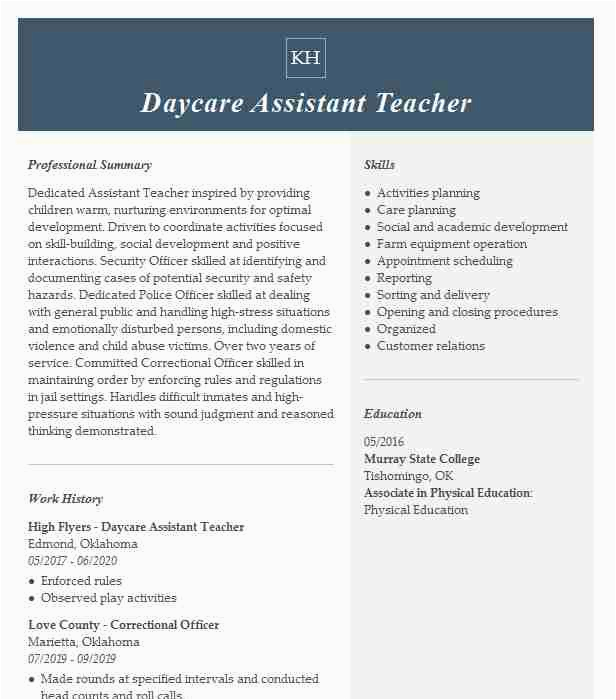 Sample Resume for Daycare assistant Teacher Daycare Teacher assistant Resume Example Illinois School