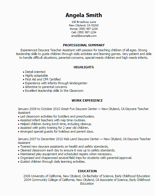 Sample Resume for Daycare assistant Teacher Professional Daycare Teacher assistant Templates to