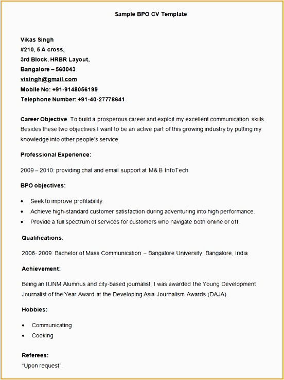 Sample Resume for Experienced Candidates In Bpo 7 Bpo Resume Template