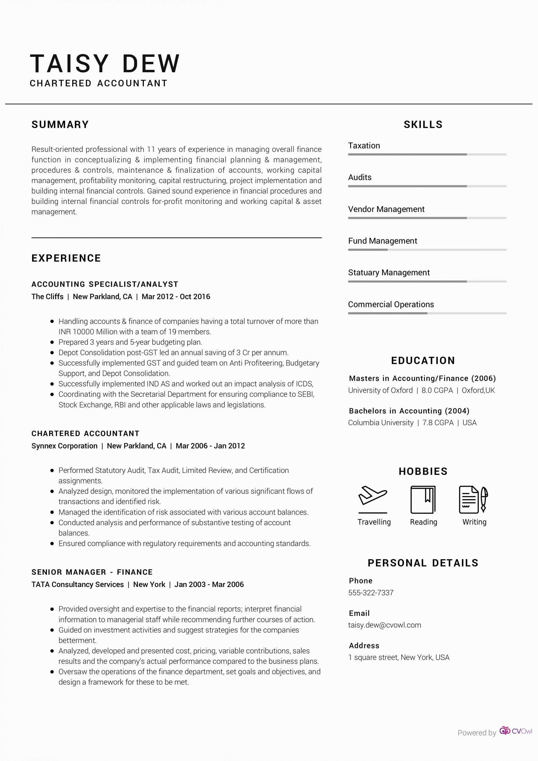 Sample Resume for Experienced Chartered Accountant Chartered Accountant Resume Sample