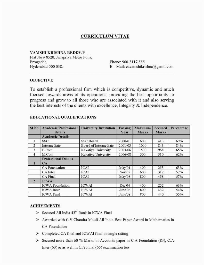 Sample Resume for Experienced Chartered Accountant Experienced Chartered Accountant Resume Pdf format