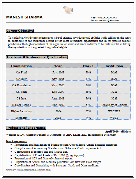 Sample Resume for Experienced Chartered Accountant Over Cv and Resume Samples with Free Download