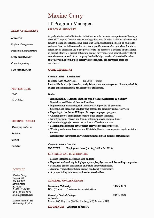 Sample Resume for It Manager Position It Program Manager Resume Sample Cv Job Description
