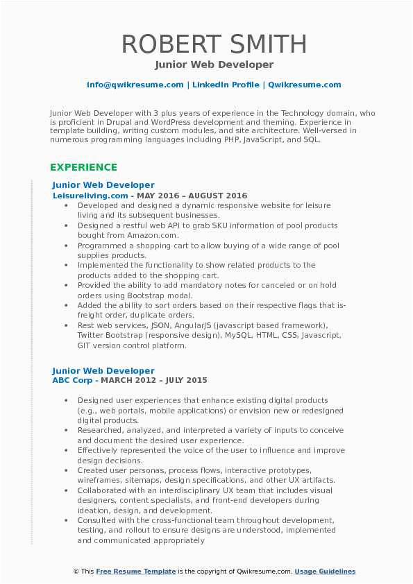 Sample Resume for Junior Web Developer Junior Web Developer Resume Samples Sample Resume for Junior Web Developer Junior Web Developer Resume Samples