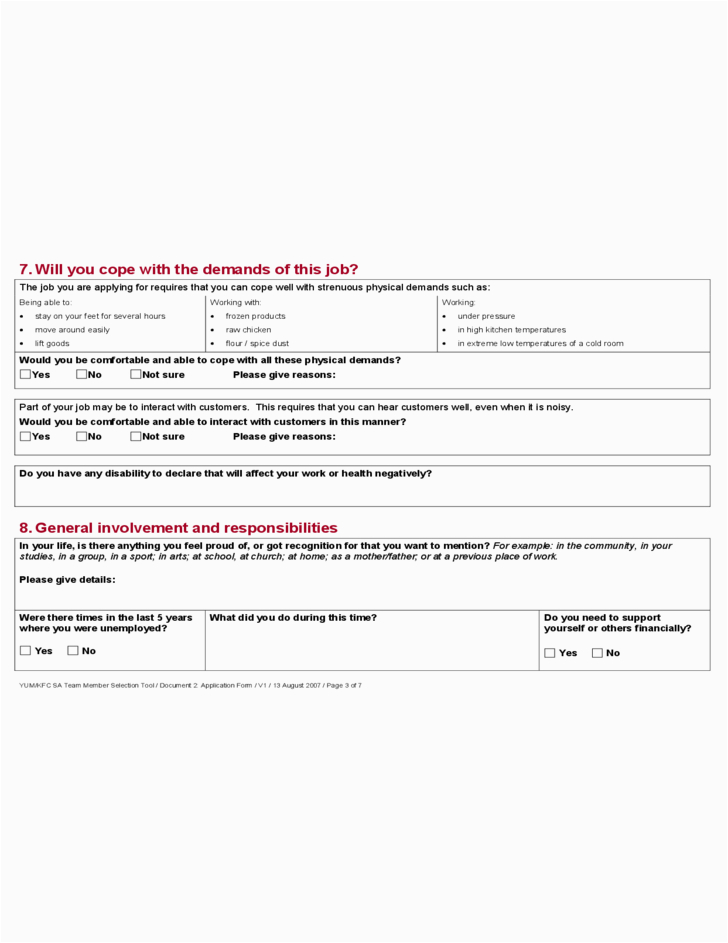 Sample Resume for Kfc Team Member Kfc Team Member Selection tool Application form Free Download
