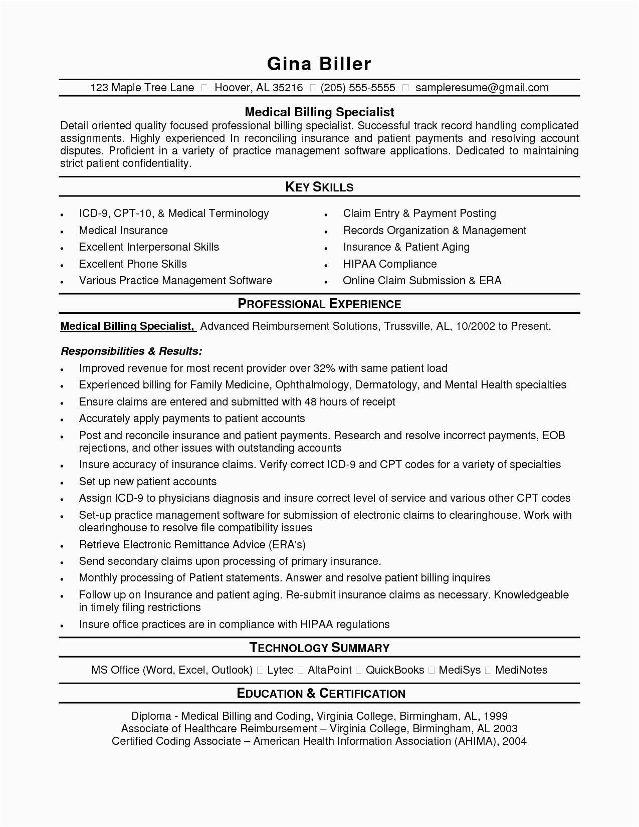 Sample Resume for Medical Billing and Coding Student Medical Billing Resume Sample