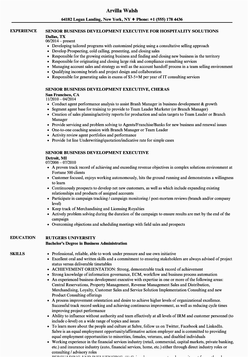 Sample Resume for Senior Business Development Manager Senior Business Development Executive Resume Samples