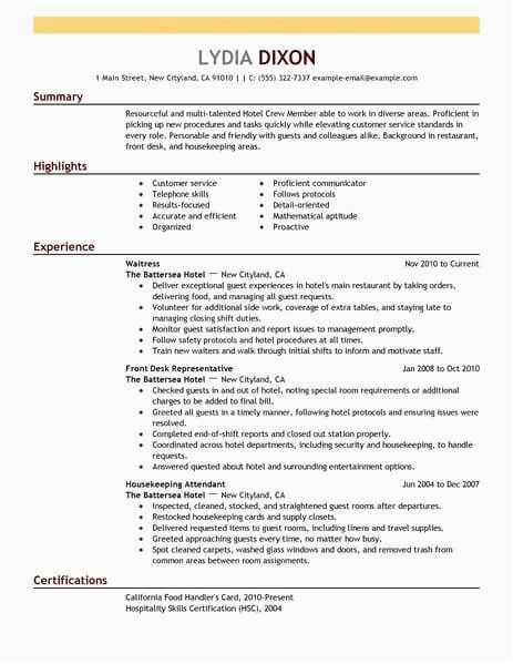 Sample Resume for Service Crew No Experience Front Desk Jobs with No Experience