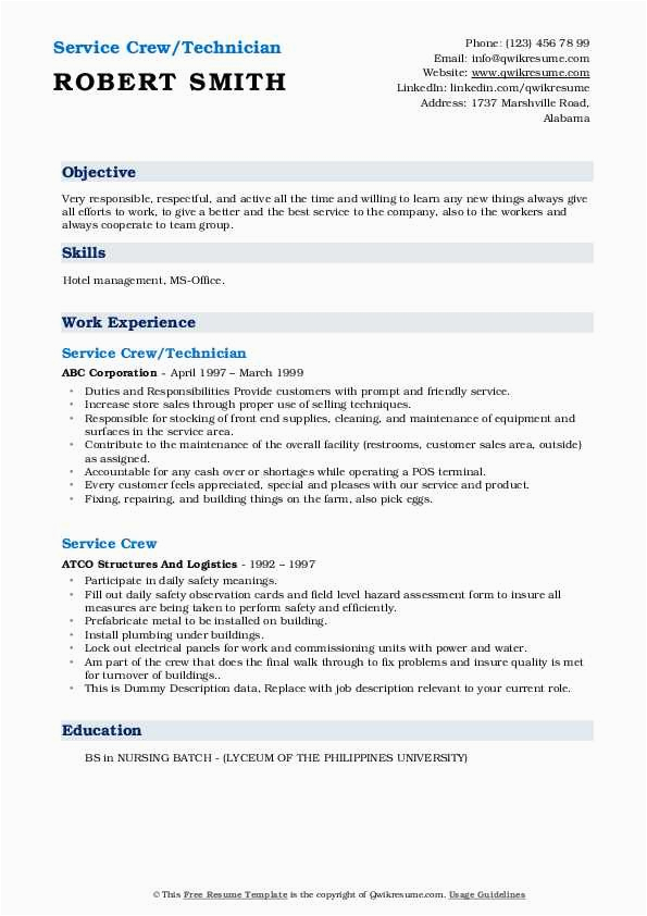 Sample Resume for Service Crew No Experience Service Crew Resume Samples