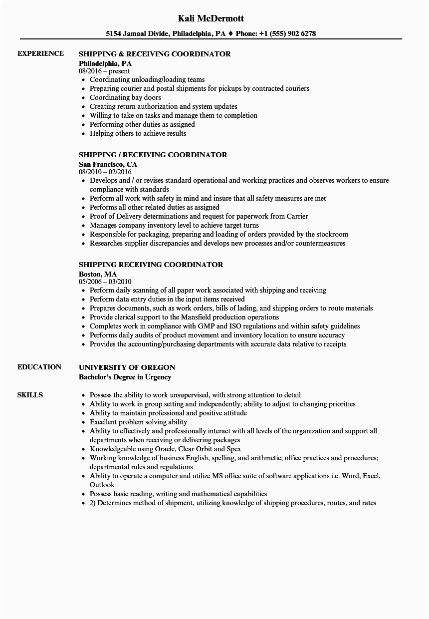 Sample Resume for Shipping and Receiving Coordinator Shipping and Receiving Resume Mryn ism