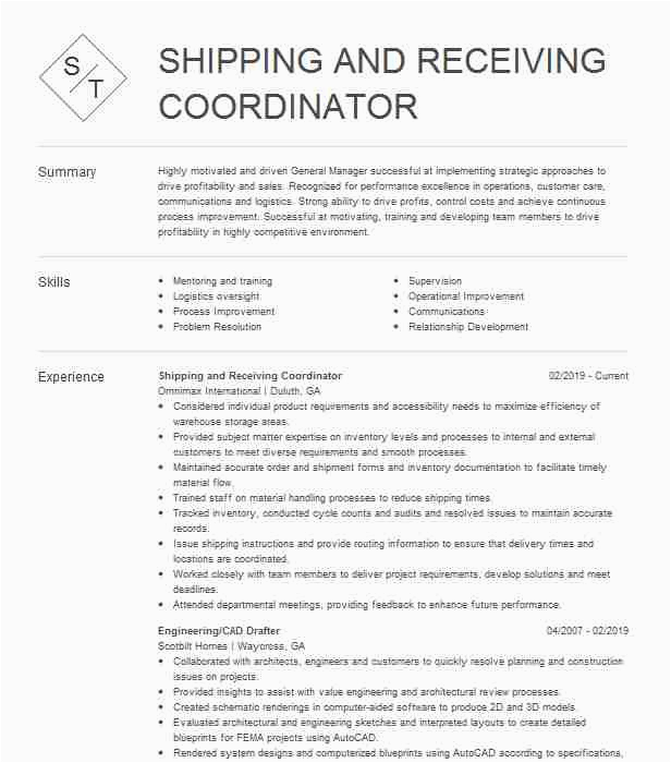 Sample Resume for Shipping and Receiving Coordinator Shipping Receiving Coordinator Resume Example Nestle