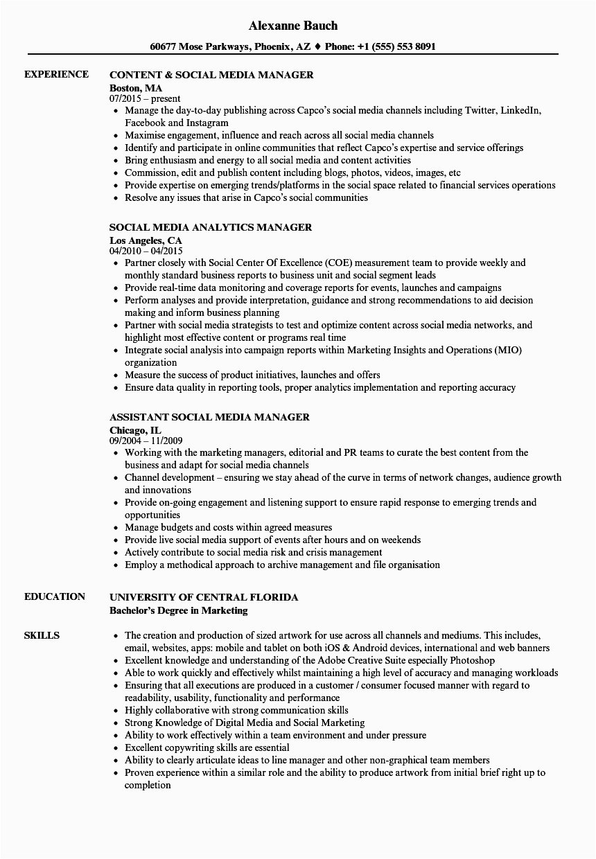 Sample Resume for social Media Manager 40 social Media Manager Resumes