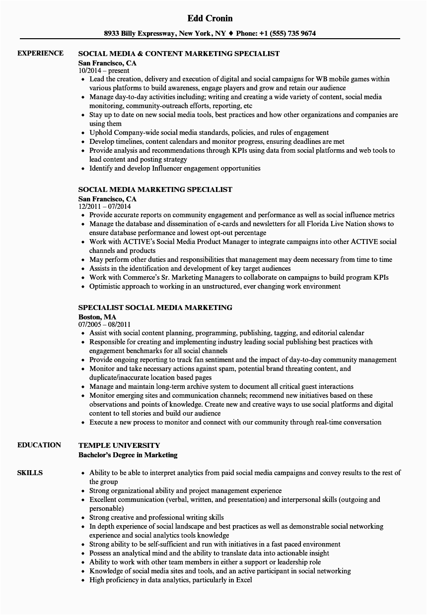 Sample Resume for social Media Specialist social Media Marketing Specialist Resume Samples