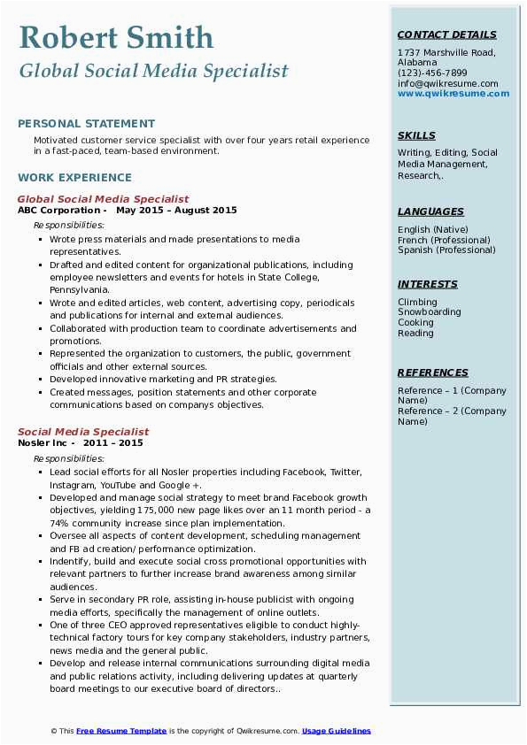 Sample Resume for social Media Specialist social Media Specialist Resume Samples