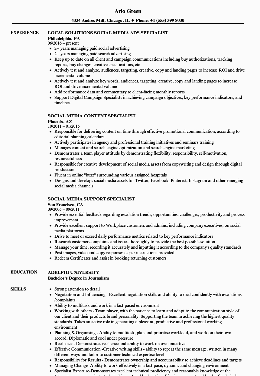 Sample Resume for social Media Specialist Specialist social Media Resume Samples