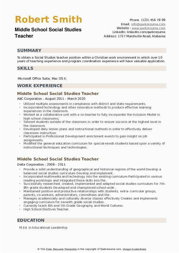 Sample Resume for social Science Teacher Middle School social Stu S Teacher Resume Samples