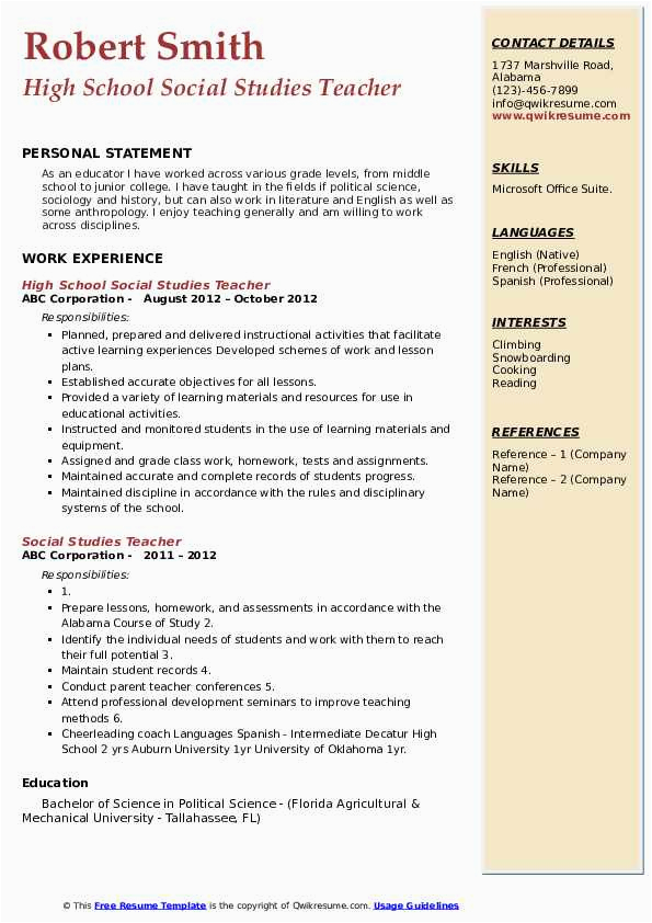 Sample Resume for social Science Teacher social Stu S Teacher Resume Samples